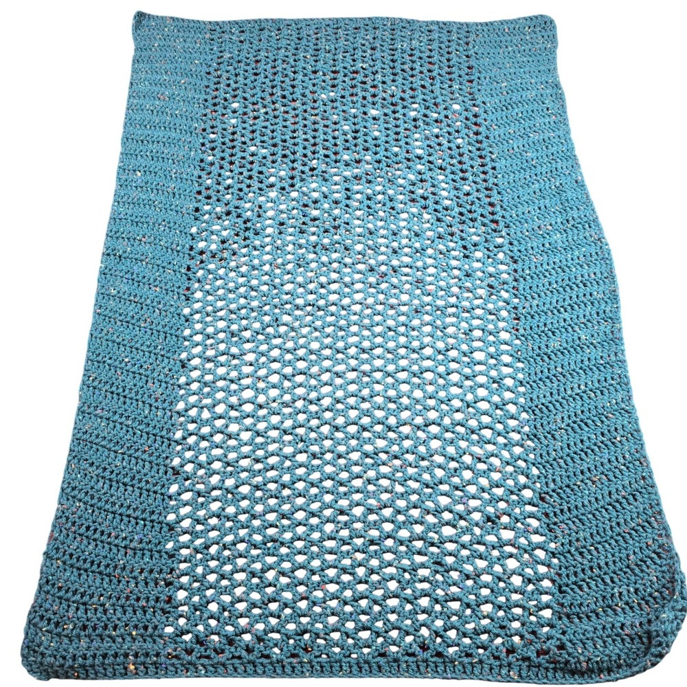 Handmade‎ Crochet Prayer Shawl Blanket Throw Blue Green Speckled 52" x 32"